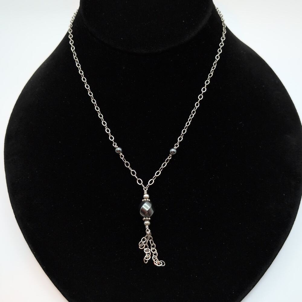 Sterling Silver 925 Cable Chain Black Bead Choker Tassel Y-Drop Choker Necklace
